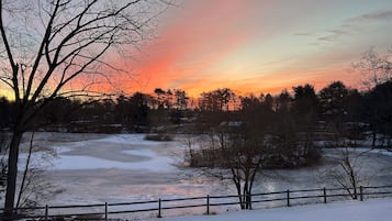 Un paysage enneigé avec un étang gelé, une clôture en bois et des arbres sans feuilles, le tout se détachant sur un ciel crépusculaire.
