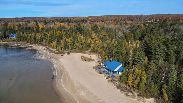 Vista aérea de una playa con una casa y bosque.