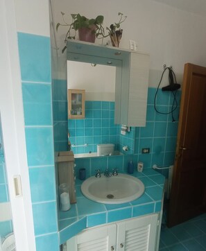 Een douche, een haardroger, een bidet, handdoeken