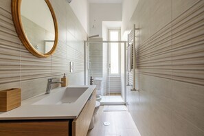 Shower, hair dryer, bidet, towels
