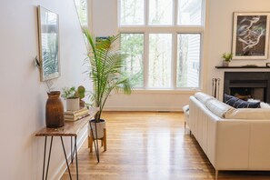 Smart TV, fireplace, books, offices
