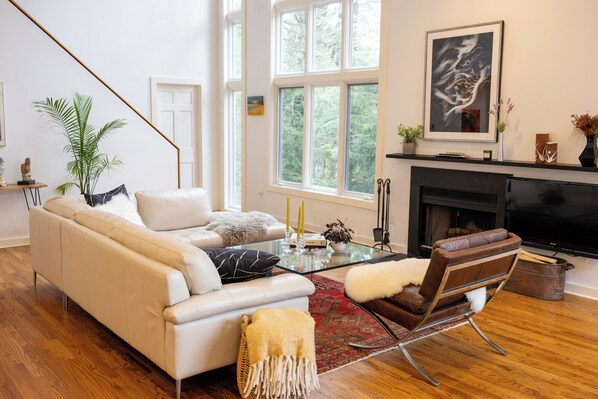 Smart TV, fireplace, books, offices