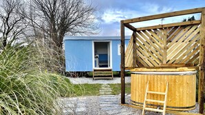 Een houten jacuzzi met een trap, een blauw gebouw met een open deur en een grindpad.