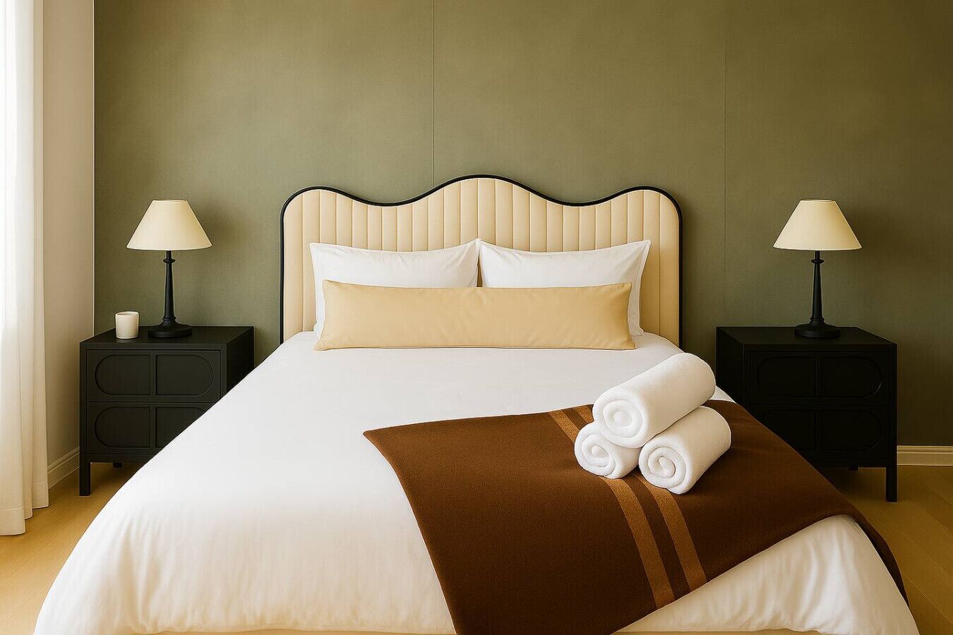 A hotel room with a large bed, two bedside tables, and a brown throw blanket.