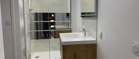 Douche, séchoir à cheveux, serviettes fournies, savon