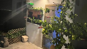 Un pequeño espacio exterior amurallado con piso de concreto, cerca de madera y puerta con ventanal. Hay plantas en macetas y una pequeña construcción con techo verde.