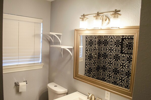Hair dryer, towels, soap, toilet paper