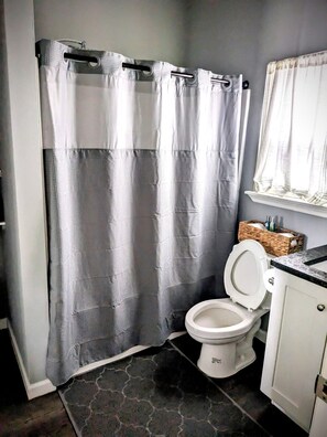 Hair dryer, towels, soap, toilet paper