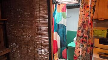 Hair dryer, bidet, towels, soap