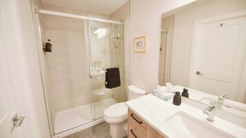 Hair dryer, towels, soap, shampoo