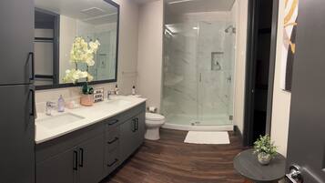 Hair dryer, towels, soap, toilet paper