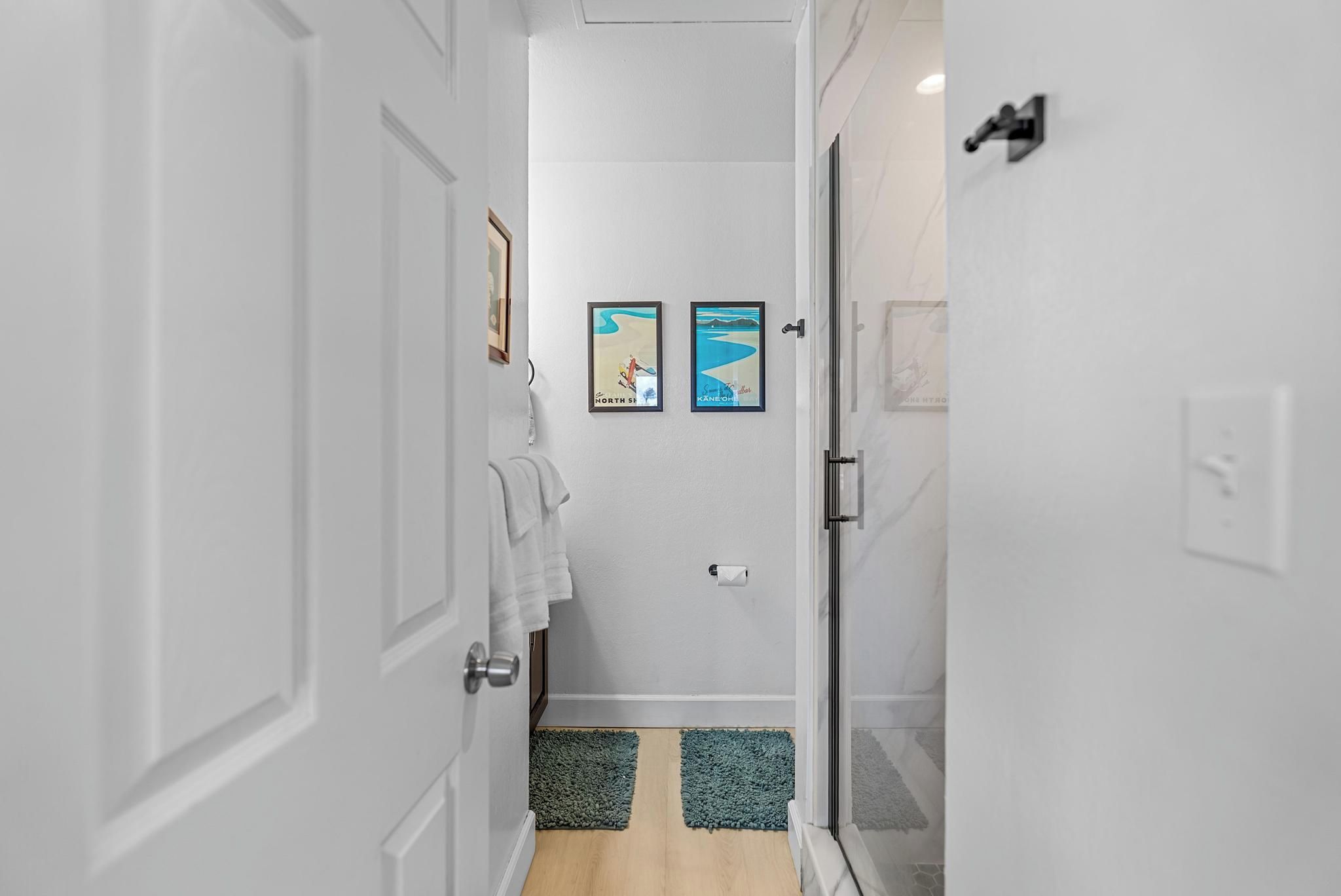 A narrow hallway with white walls, a wooden floor, and a glass door leading to a bathroom. There are two framed pictures on the wall, a towel hanging on the door, and a toilet paper holder.
