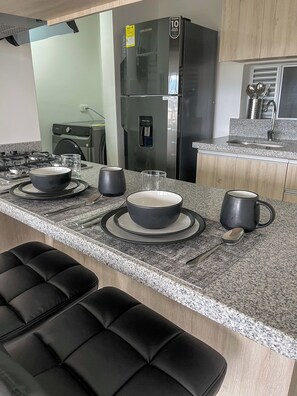 Fridge, microwave, oven, stovetop