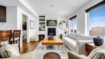 Smart TV, fireplace, books, stereo