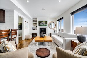 Smart TV, fireplace, books, stereo