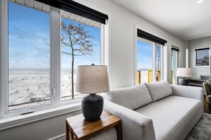 Smart TV, fireplace, books, stereo