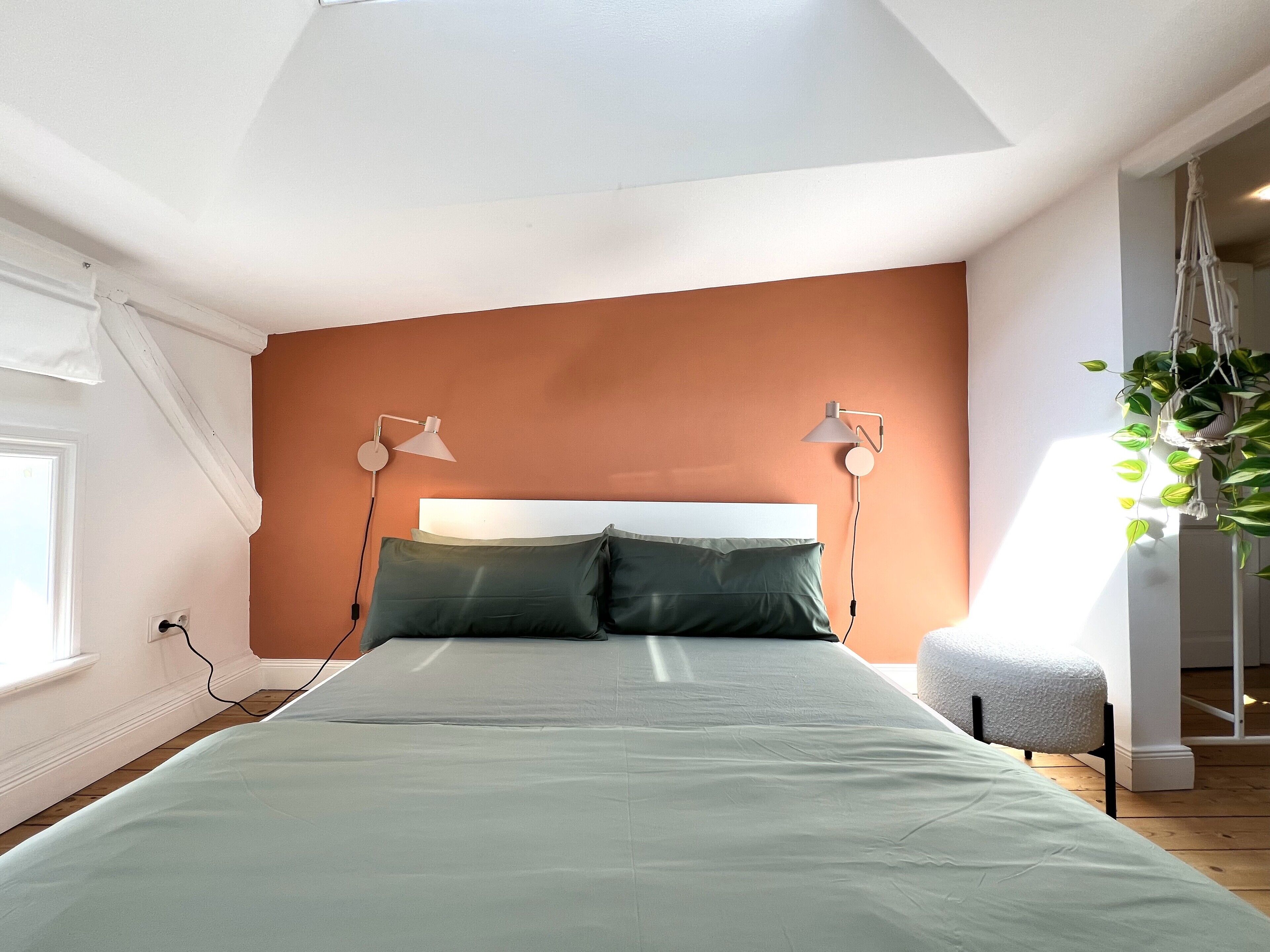 A bedroom with a bed, two bedside lamps, a hanging plant, and a window.