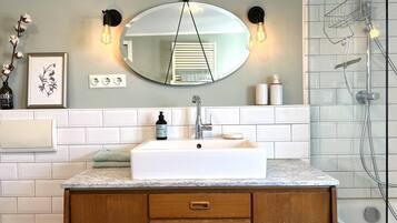 Hair dryer, towels, soap, toilet paper