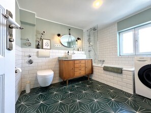 Hair dryer, towels, soap, toilet paper