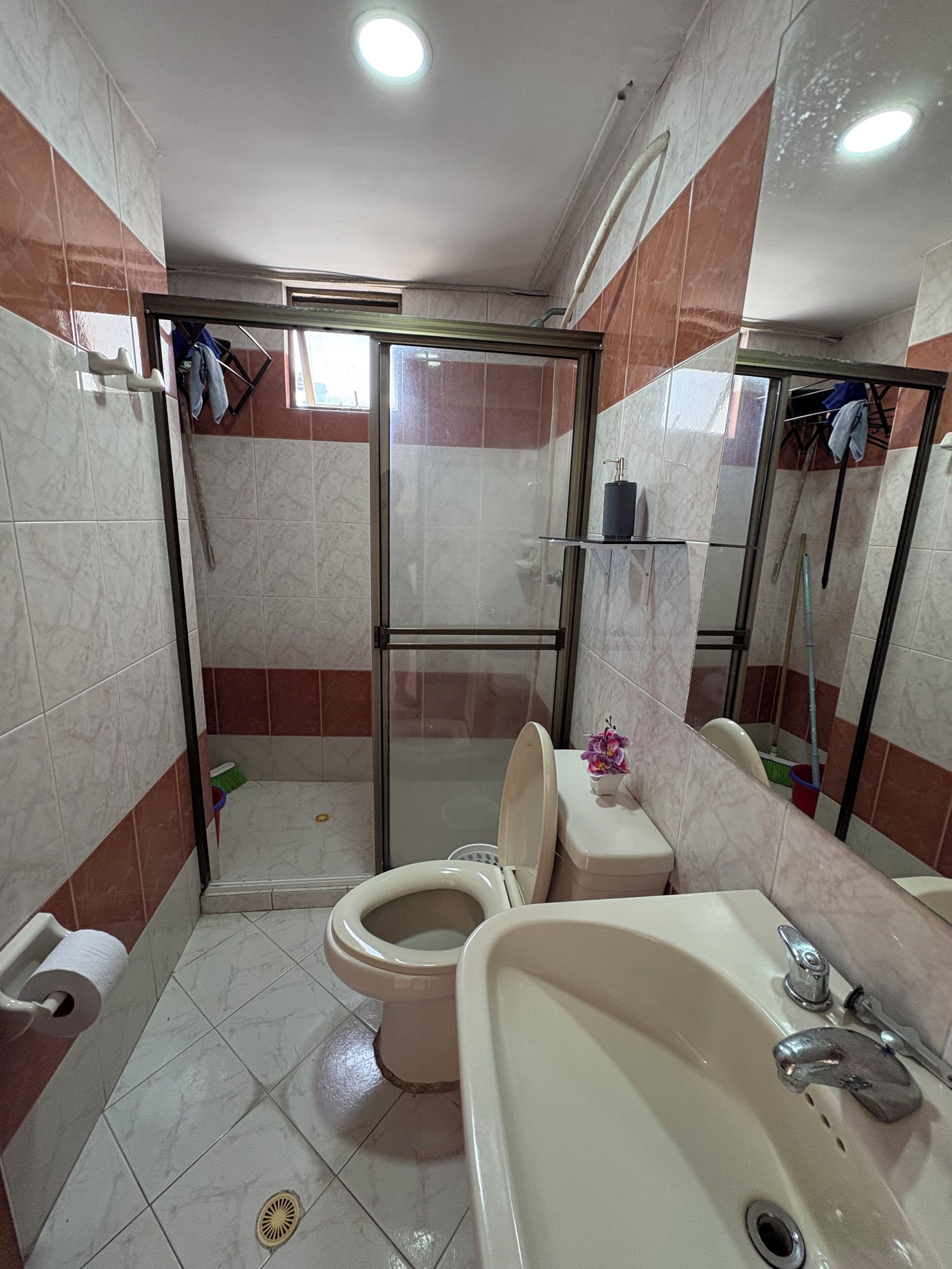 Een badkamer met toilet, wastafel en douche.