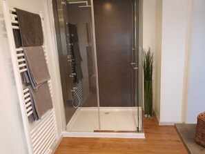 Douche, séchoir à cheveux, serviettes fournies