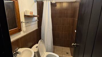 A compact bathroom with a toilet, bidet, and sink, wooden paneling, a small window, and a shower curtain.