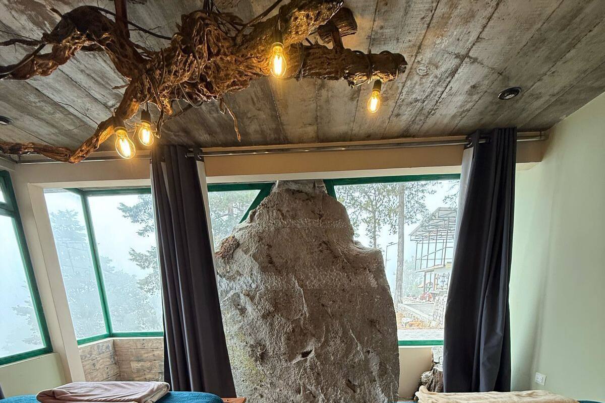 A room with two beds, a large rock feature, and a view through a window.