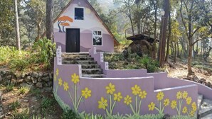 Una casa pequeña con una puerta negra y una ventana, rodeada por un muro morado con flores amarillas pintadas.
