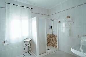 Hair dryer, bidet, towels, soap