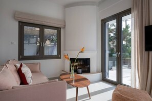Smart TV, fireplace, books