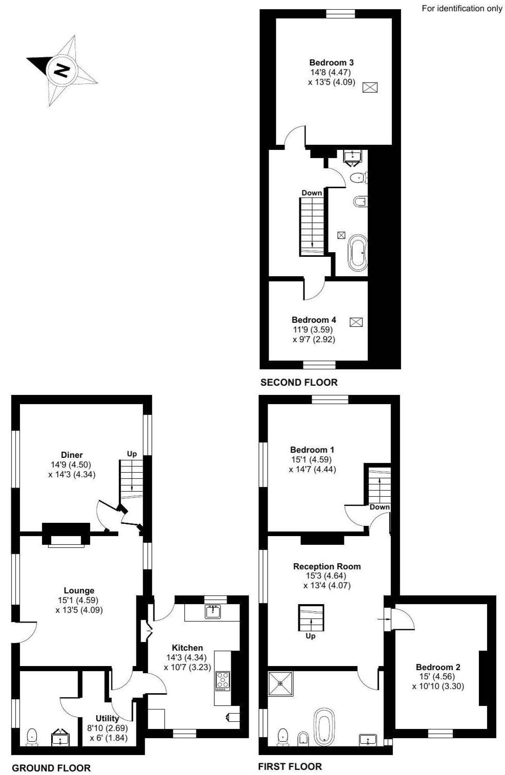 A floor plan with three bedrooms, a reception room, a lounge, a kitchen, and a utility room.