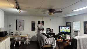 A compact living space with a bed, a TV, a ceiling fan, and wall-mounted lights.
