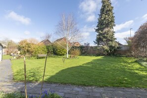 A well-maintained garden with a lawn, a wooden bench, and a tall evergreen tree.