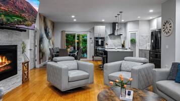 Smart TV, fireplace, table tennis, books