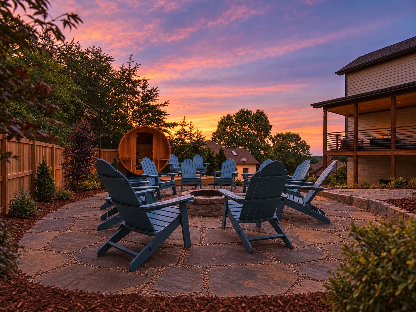 A patio with Adirondack chairs arranged around a fire pit, a wooden barrel, and a house in the background.