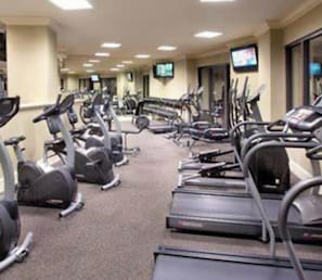 Une salle de sport équipée de plusieurs tapis de course et de vélos d’appartement, disposés en rangées.