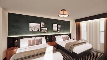 A hotel room with two beds, a dark green accent wall with framed pictures, a hanging light fixture, and a large window with sheer curtains.
