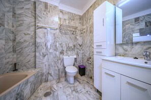 Hair dryer, towels, soap, toilet paper