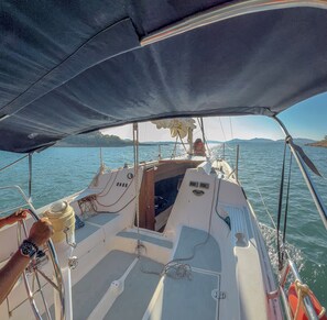 A boat's deck with a steering wheel, a person steering, and a canopy overhead.