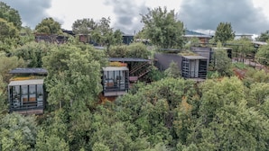Un quartier résidentiel moderne et écologique, composé de plusieurs maisons, dont certaines sont dotées de murs en verre et d’autres sont des chalets en bois, le tout entouré d’une végétation luxuriante.