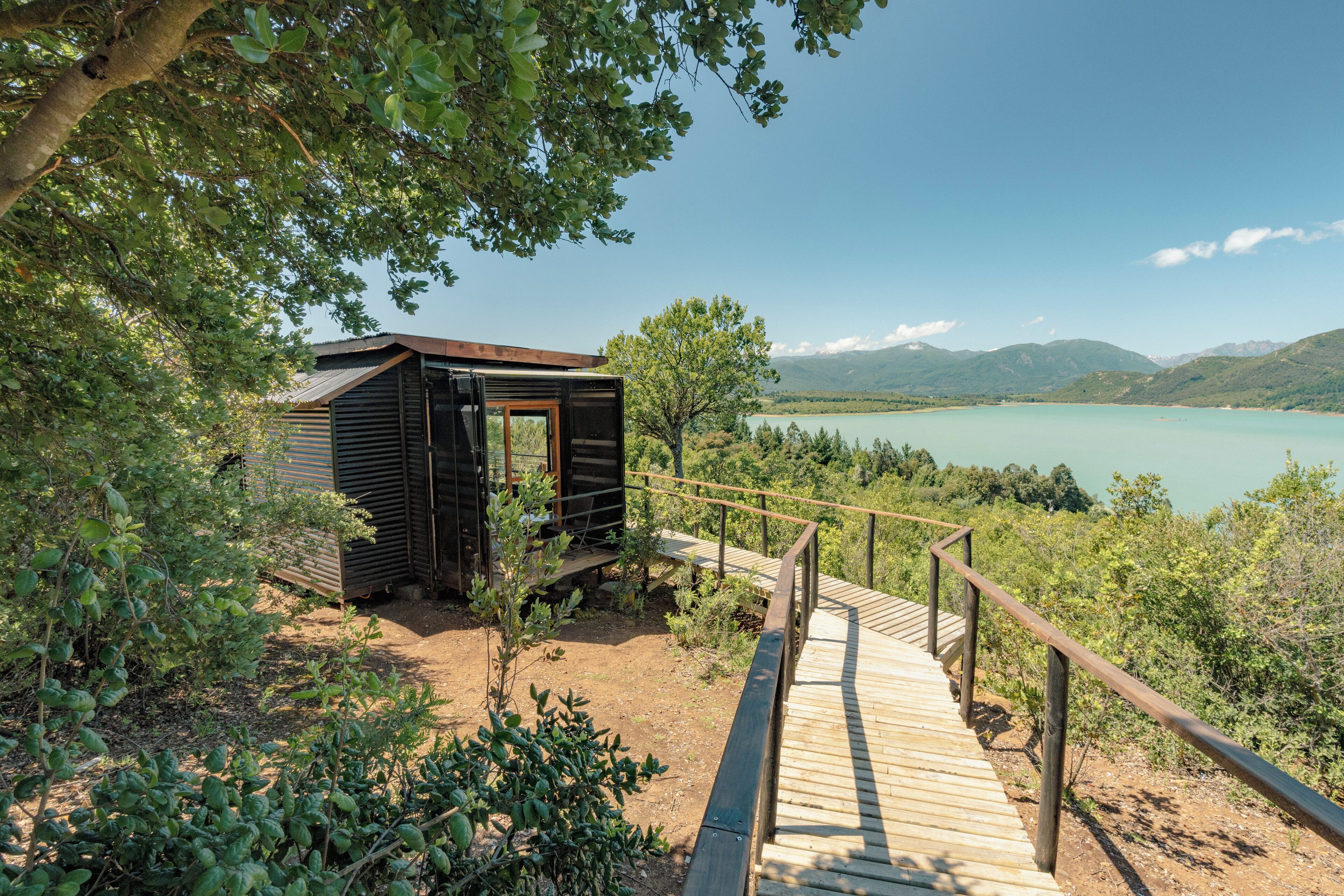 Una terraza de madera que lleva a una cabaña con puerta, rodeada de follaje y vistas al lago.