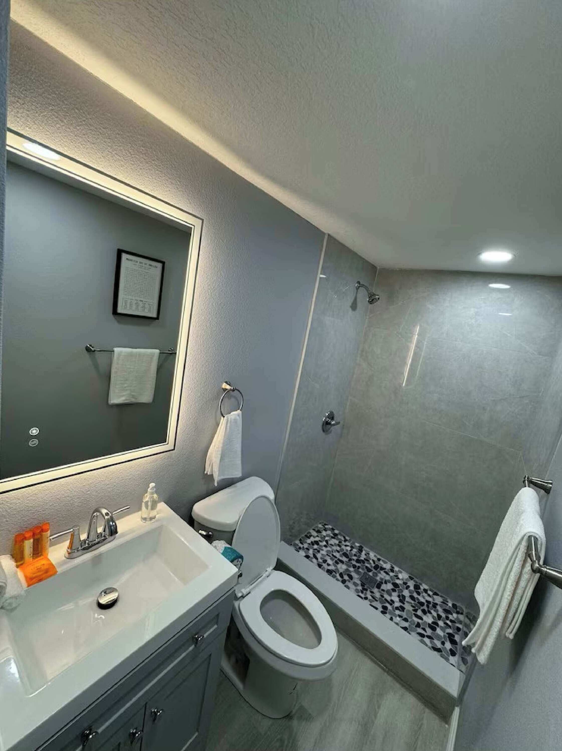 A modern bathroom with a large mirror, a sink, a toilet, and a shower area.