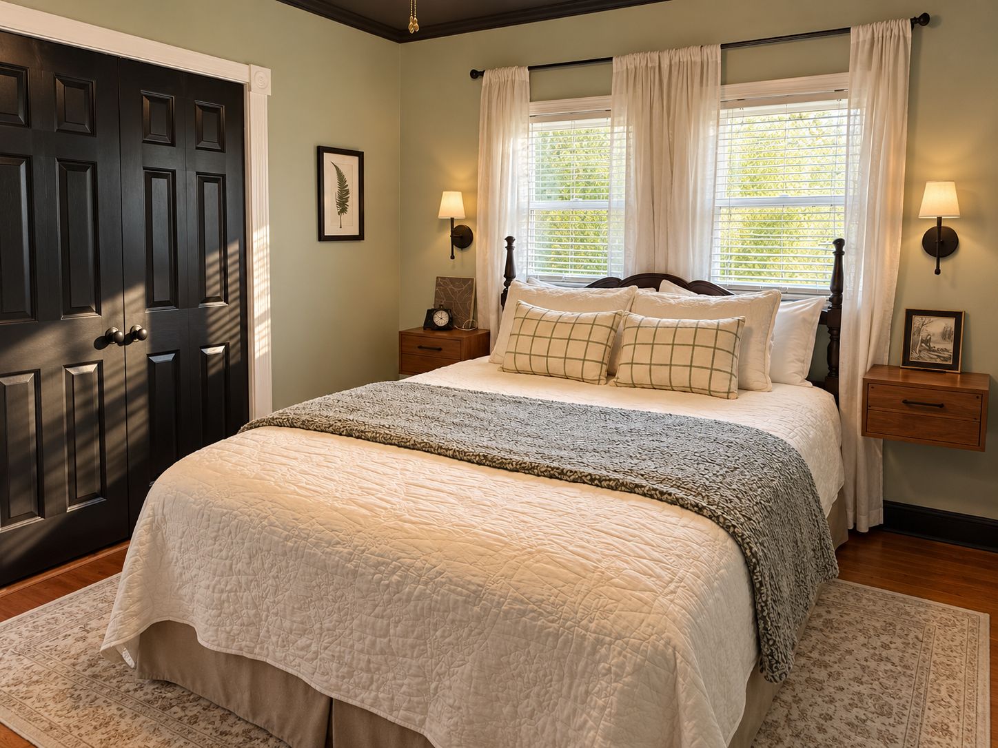 A bedroom with a large bed, two bedside tables, a nightstand, a door, and a window with curtains.