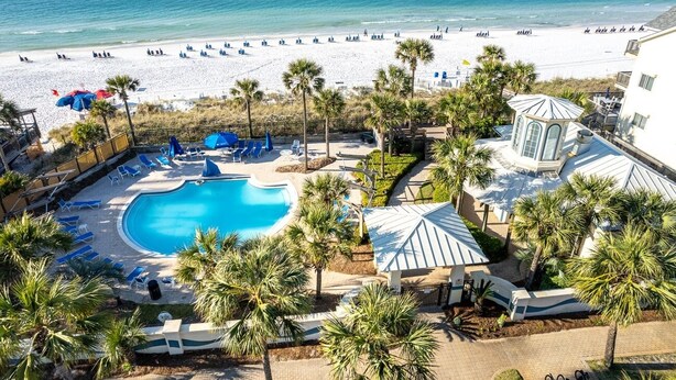 A resort with a swimming pool, beach, and palm trees. - Destin Dreams 🌊 Gulf-View Condo at Sterling Shores Resort in Destin, Florida (Destin)