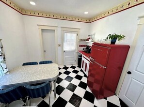 Fridge, microwave, coffee/tea maker, toaster