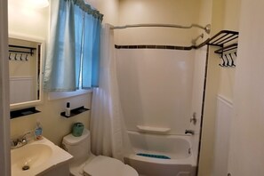Hair dryer, towels, toilet paper