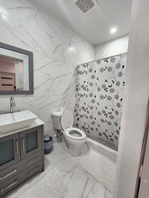 Shower, hair dryer, towels, soap