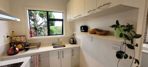 Fridge, microwave, stovetop, electric kettle