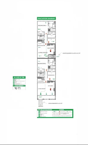 A floor plan of a building with two bedrooms, a bathroom, a kitchen, a living room, and an entry/exit point. - Entire Home in St. Roch (New Orleans)