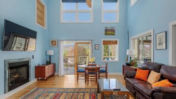 Smart TV, fireplace, books